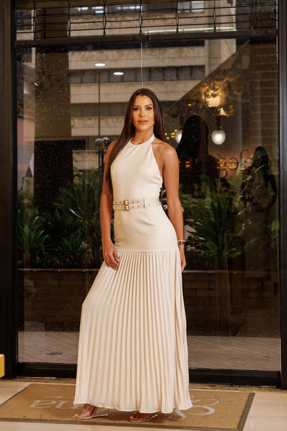 VESTIDO LARGO COCTEL CON PLICES Y LINO
