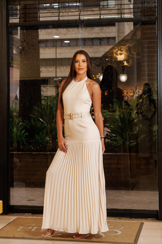 VESTIDO LARGO COCTEL CON PLICES Y LINO